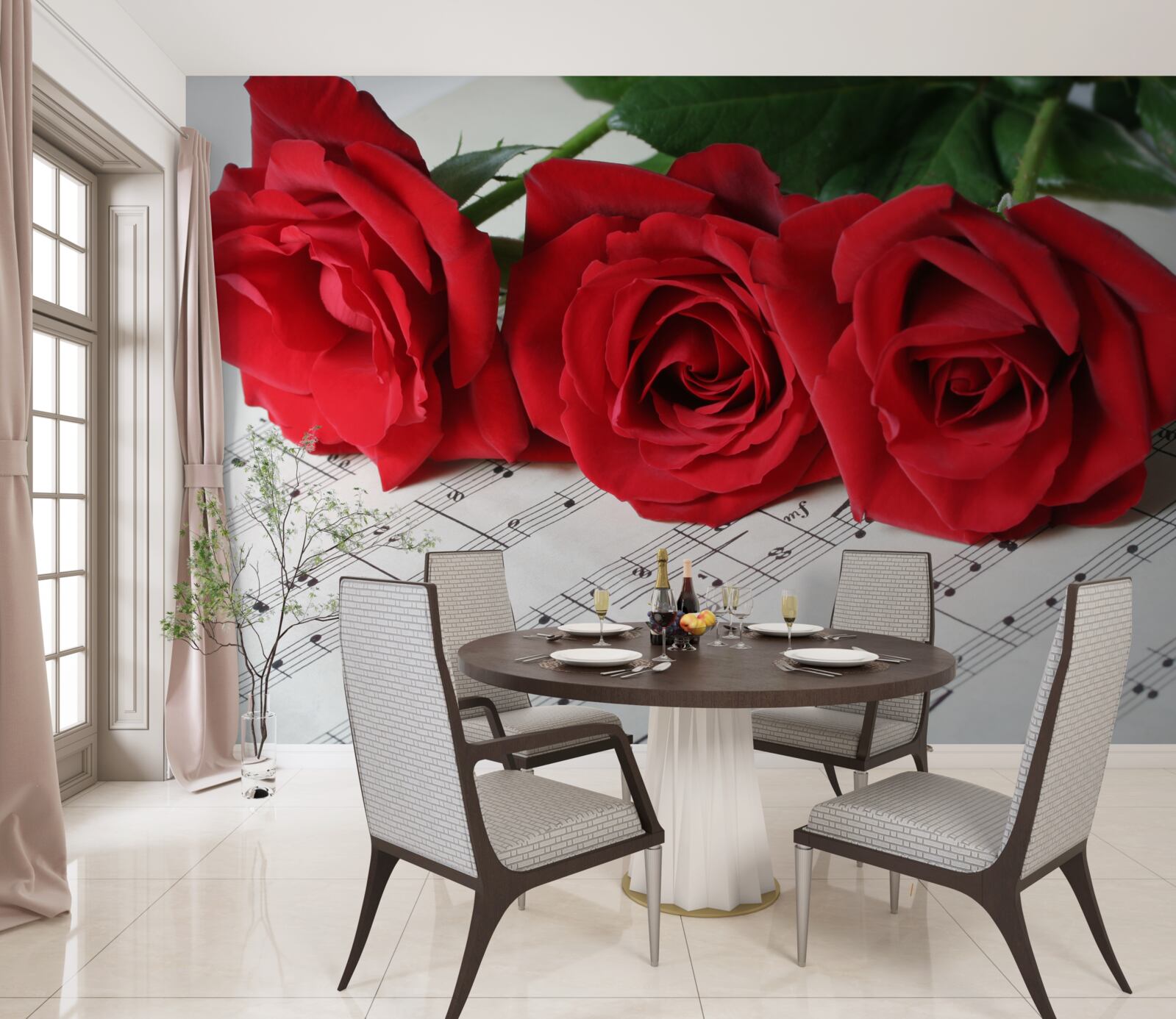 Fotobehang drie scharlaken rozen op pagina's met aantekeningen