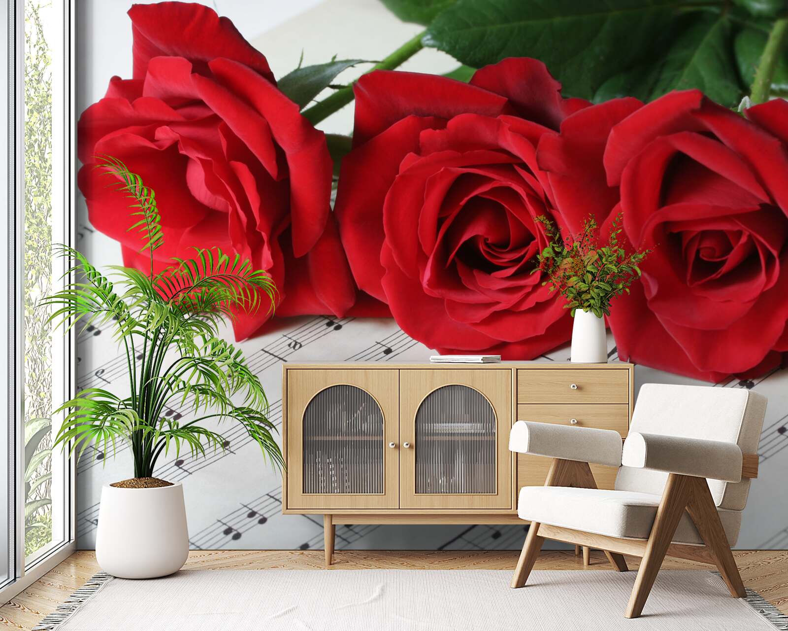 Fotobehang drie scharlaken rozen op pagina's met aantekeningen