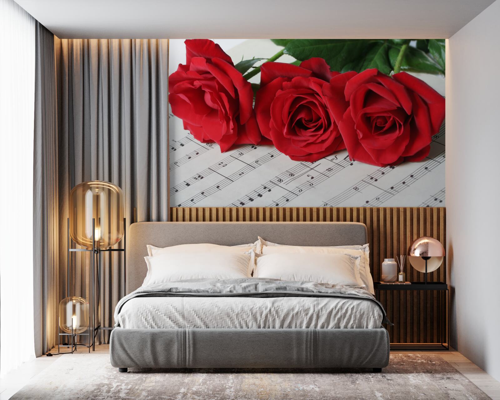 Fotobehang drie scharlaken rozen op pagina's met aantekeningen