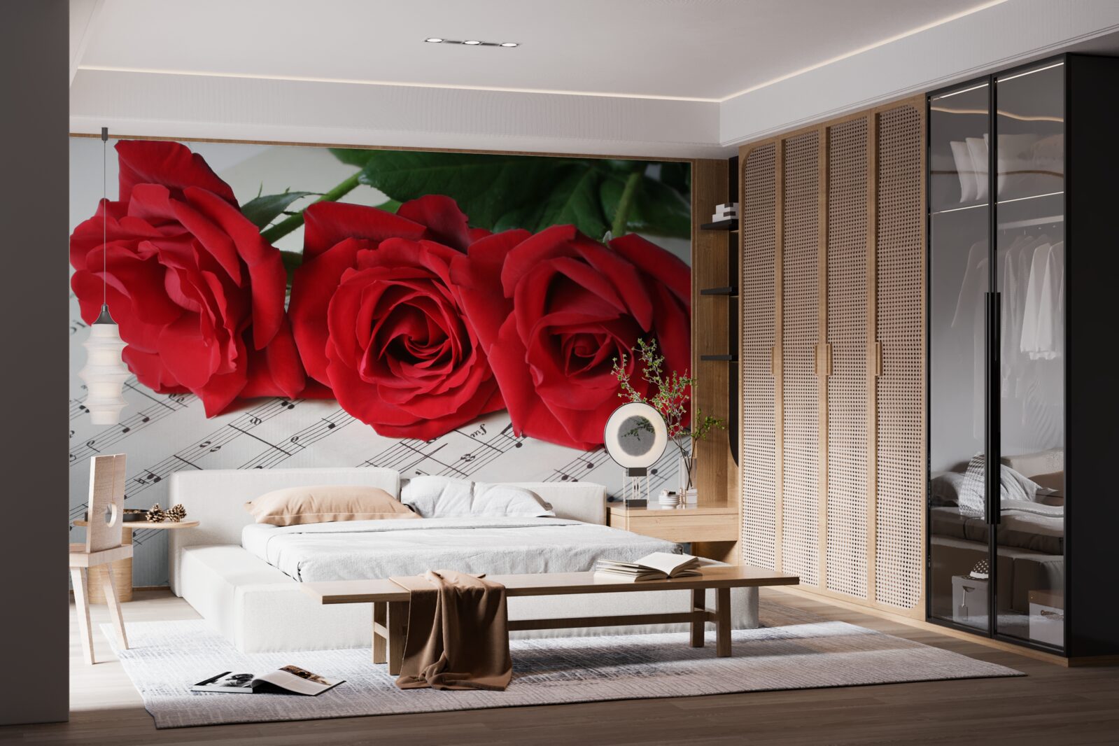 Fotobehang drie scharlaken rozen op pagina's met aantekeningen