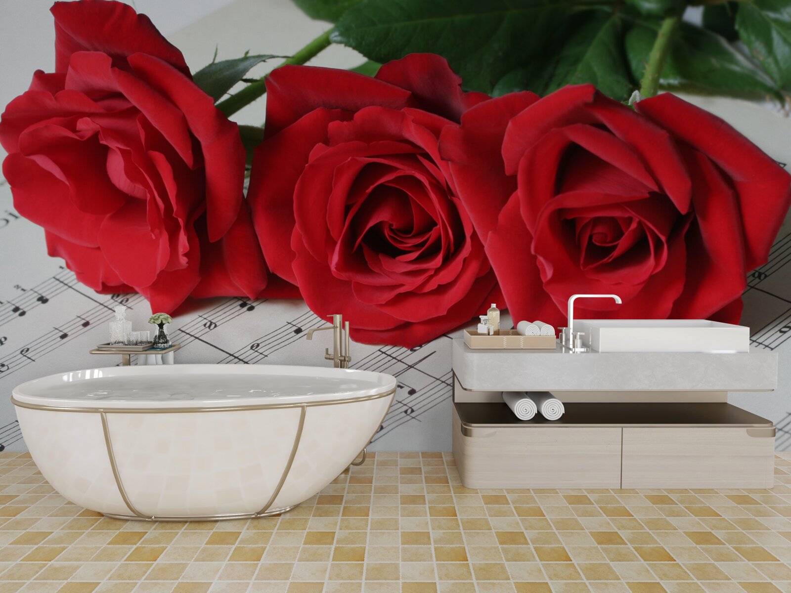 Fotobehang drie scharlaken rozen op pagina's met aantekeningen