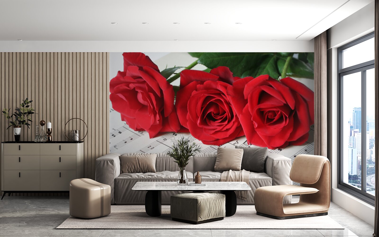 Fotobehang drie scharlaken rozen op pagina's met aantekeningen