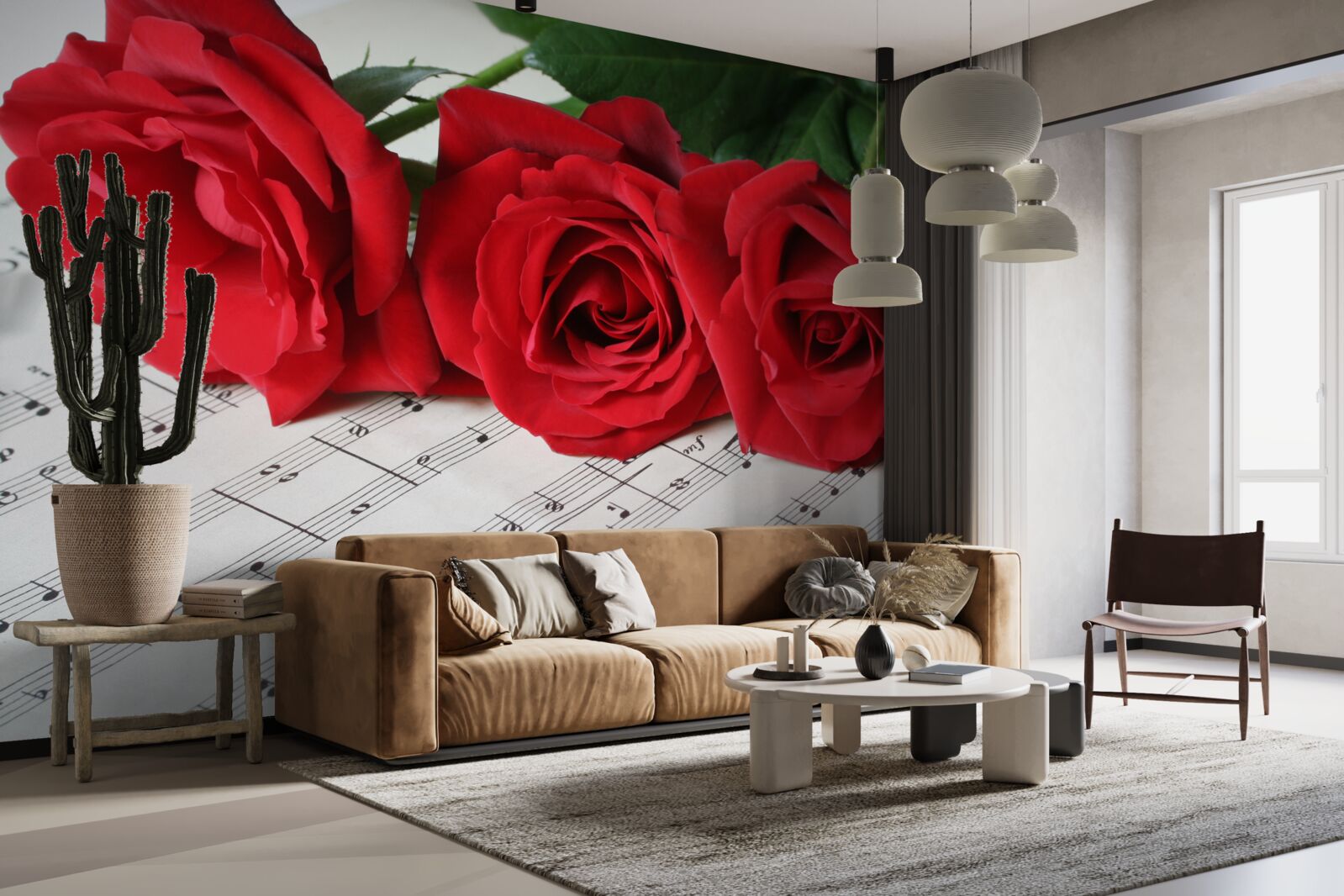 Fotobehang drie scharlaken rozen op pagina's met aantekeningen