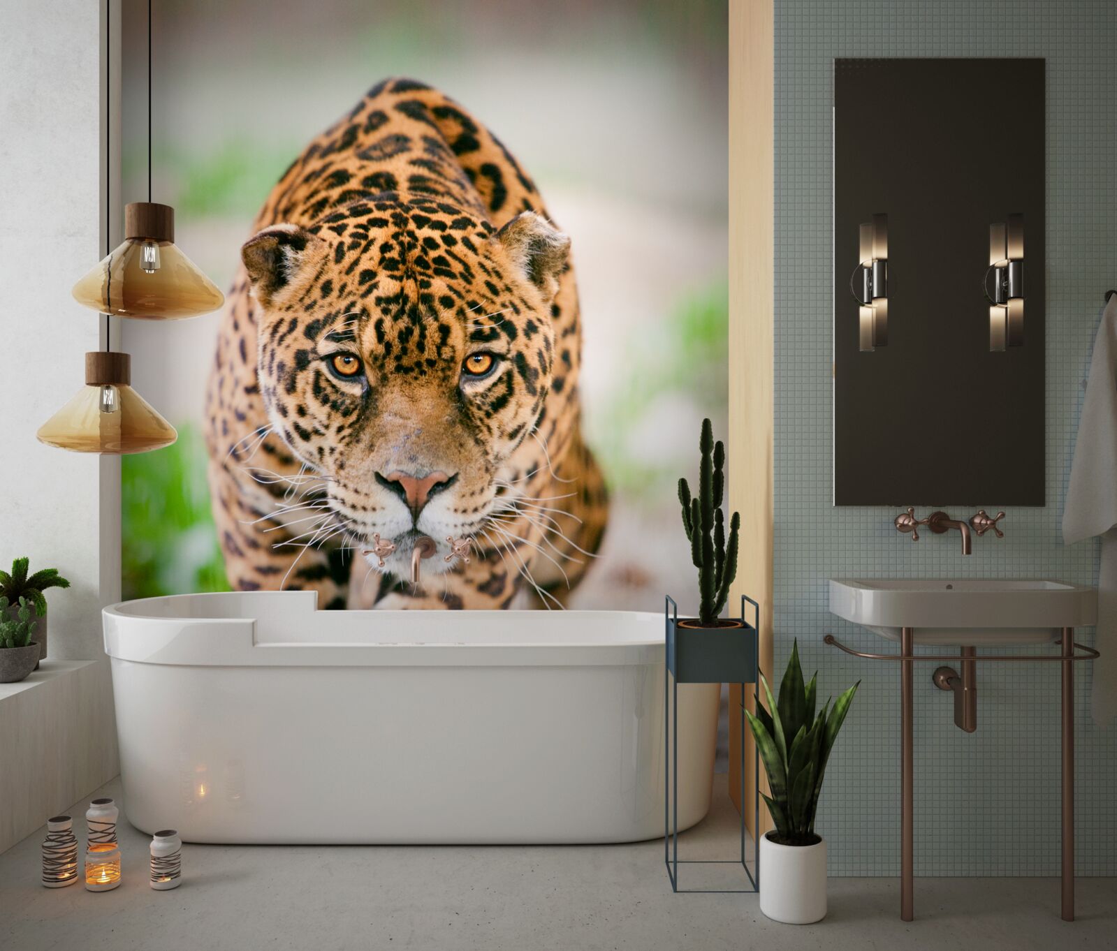 Fotobehang een loerend luipaard met amberkleurige ogen