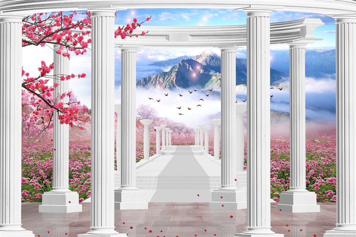 Fotobehang bloeiende tuin en sneeuwwit prieel