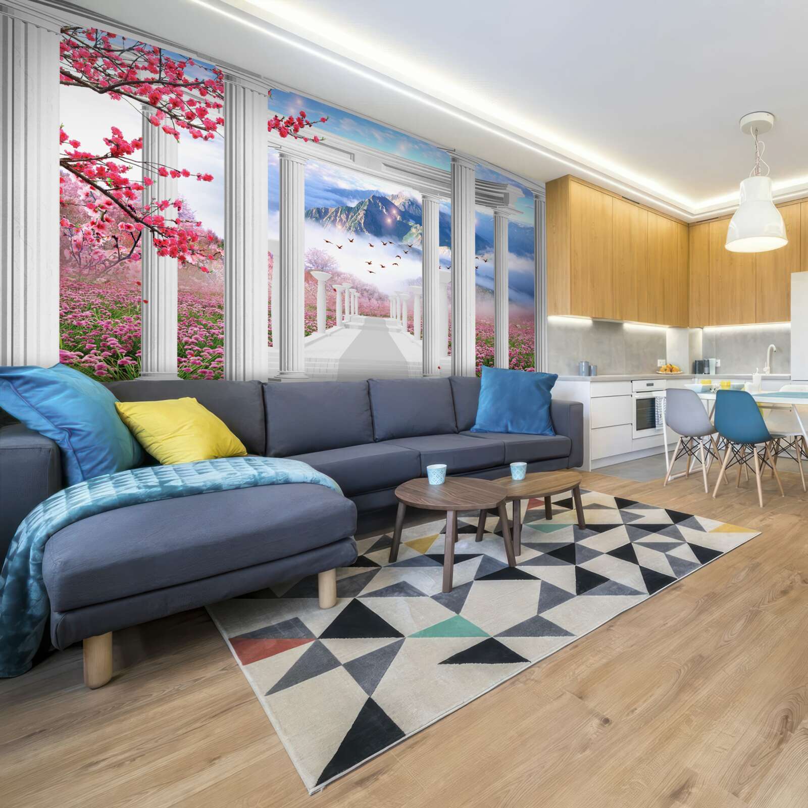 Fotobehang bloeiende tuin en sneeuwwit prieel