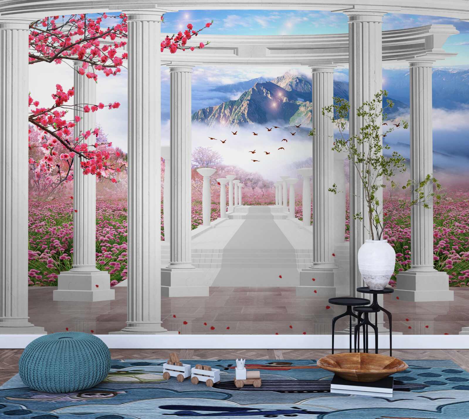 Fotobehang bloeiende tuin en sneeuwwit prieel