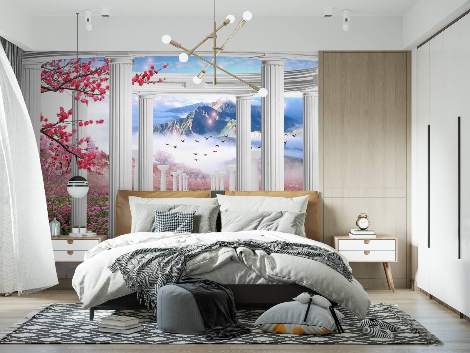 Fotobehang bloeiende tuin en sneeuwwit prieel