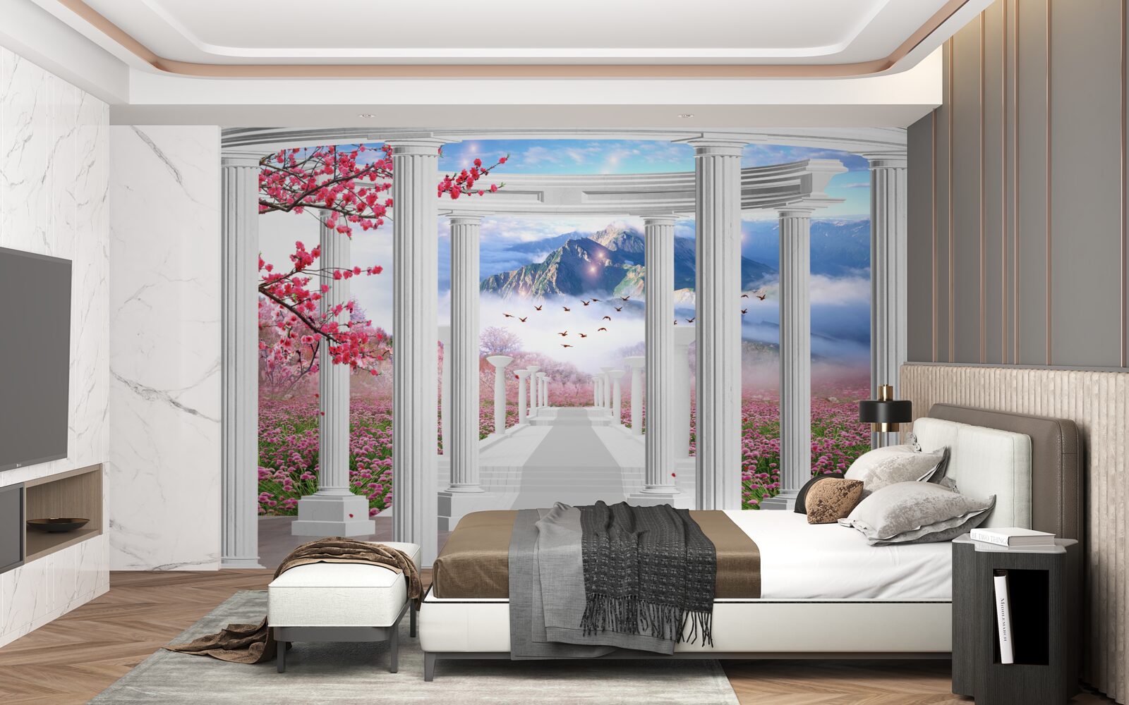 Fotobehang bloeiende tuin en sneeuwwit prieel