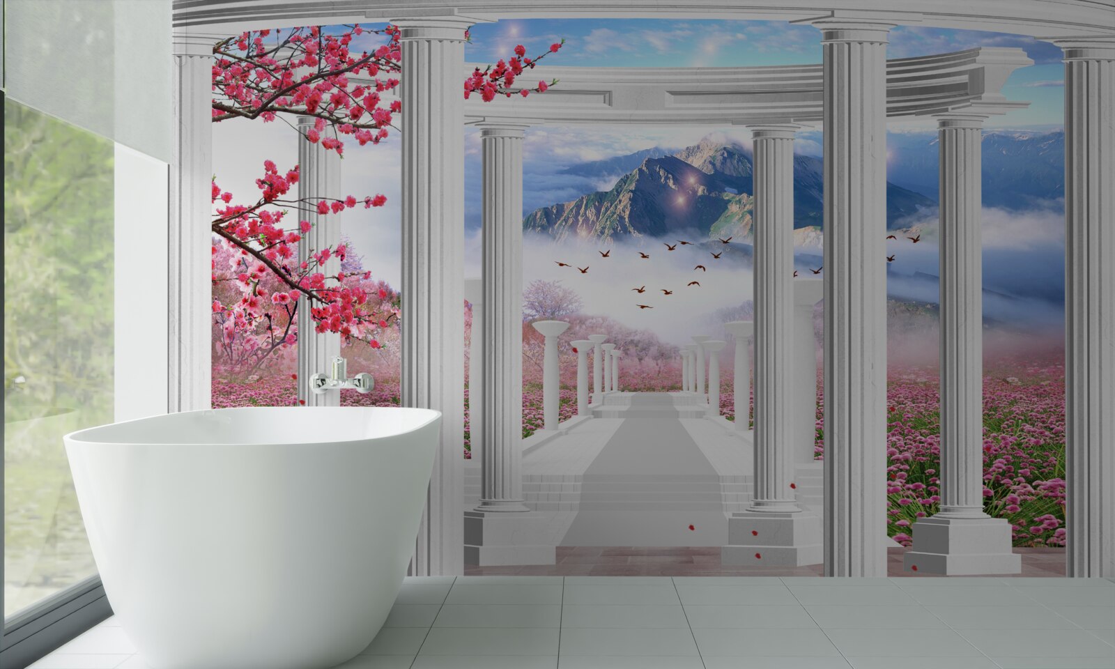 Fotobehang bloeiende tuin en sneeuwwit prieel