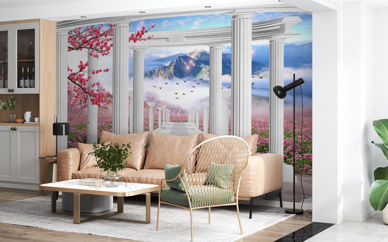 Fotobehang bloeiende tuin en sneeuwwit prieel