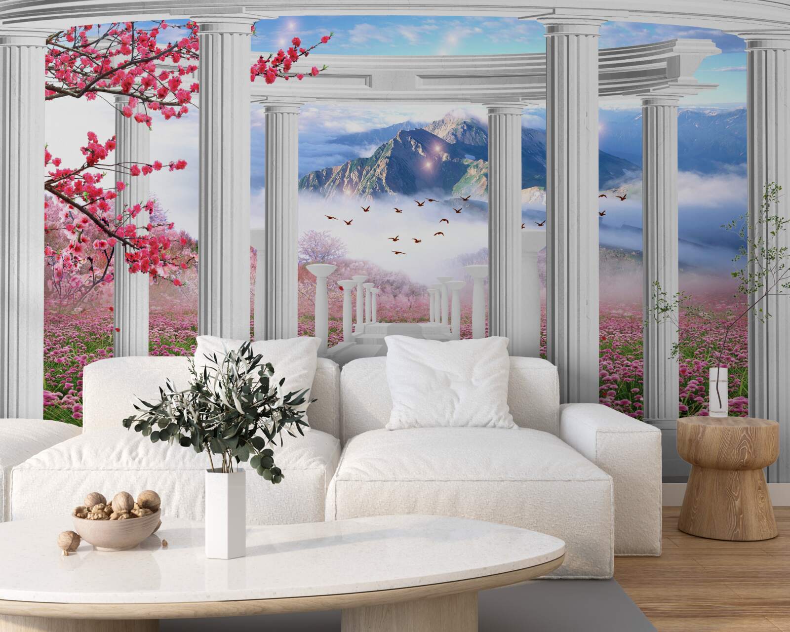 Fotobehang bloeiende tuin en sneeuwwit prieel