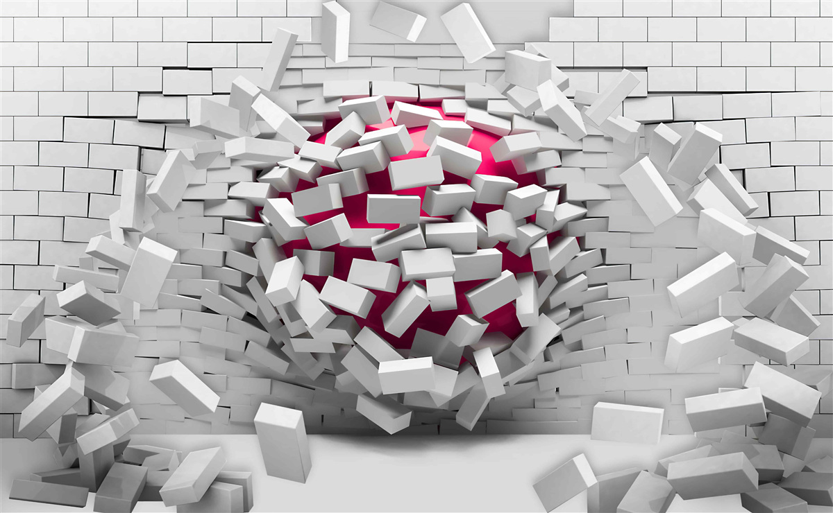 Fotobehang scarlet ball vernietigt bakstenen muur