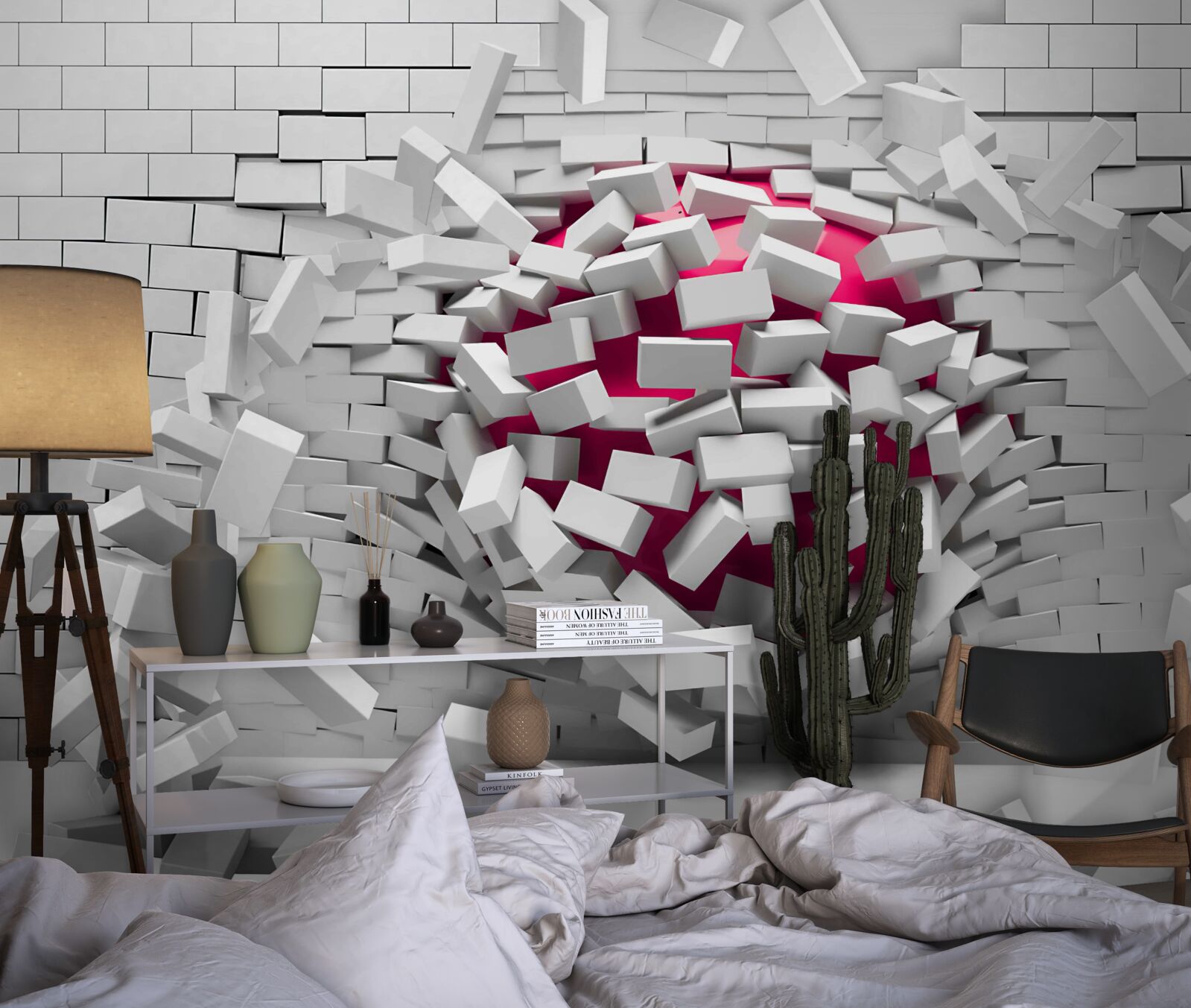 Fotobehang scarlet ball vernietigt bakstenen muur