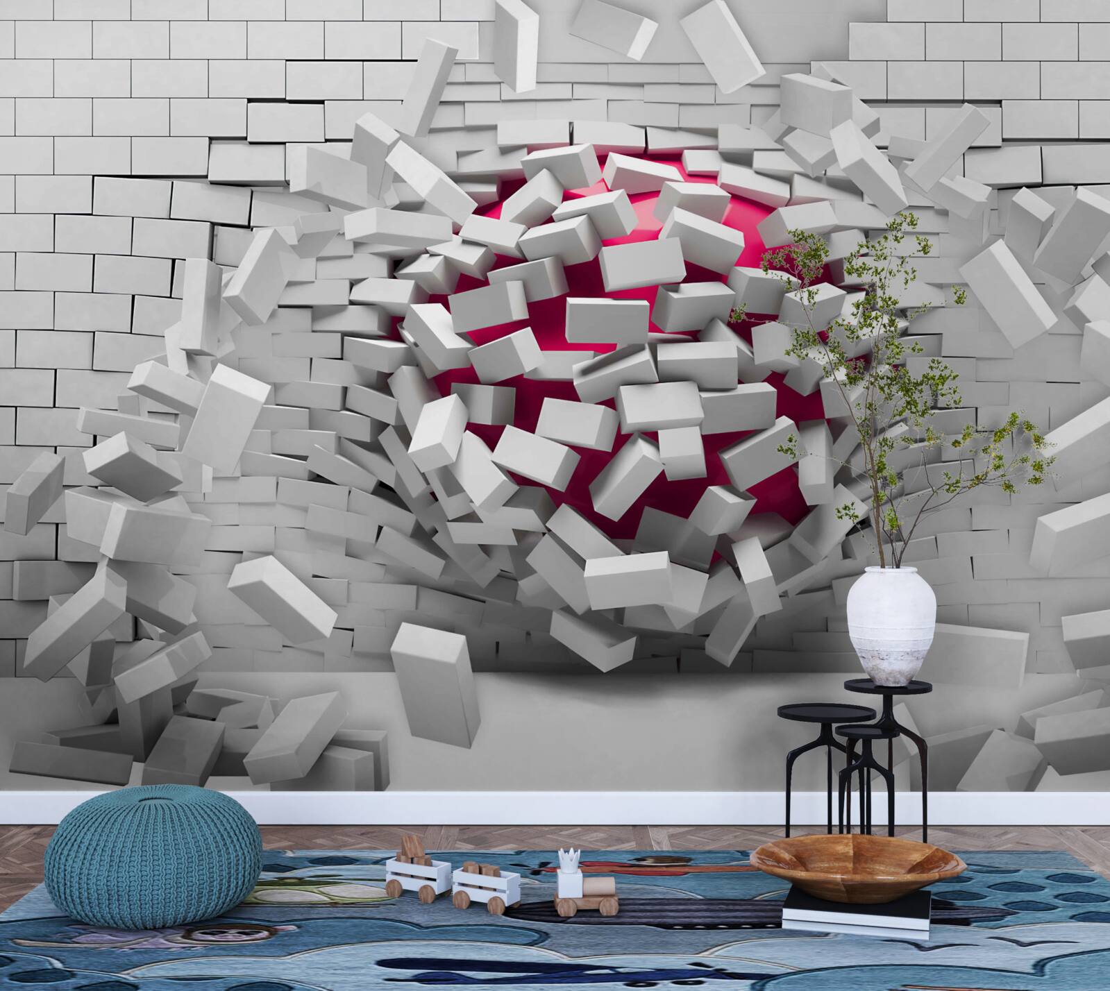 Fotobehang scarlet ball vernietigt bakstenen muur