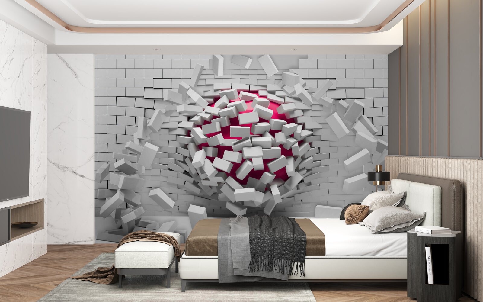 Fotobehang scarlet ball vernietigt bakstenen muur