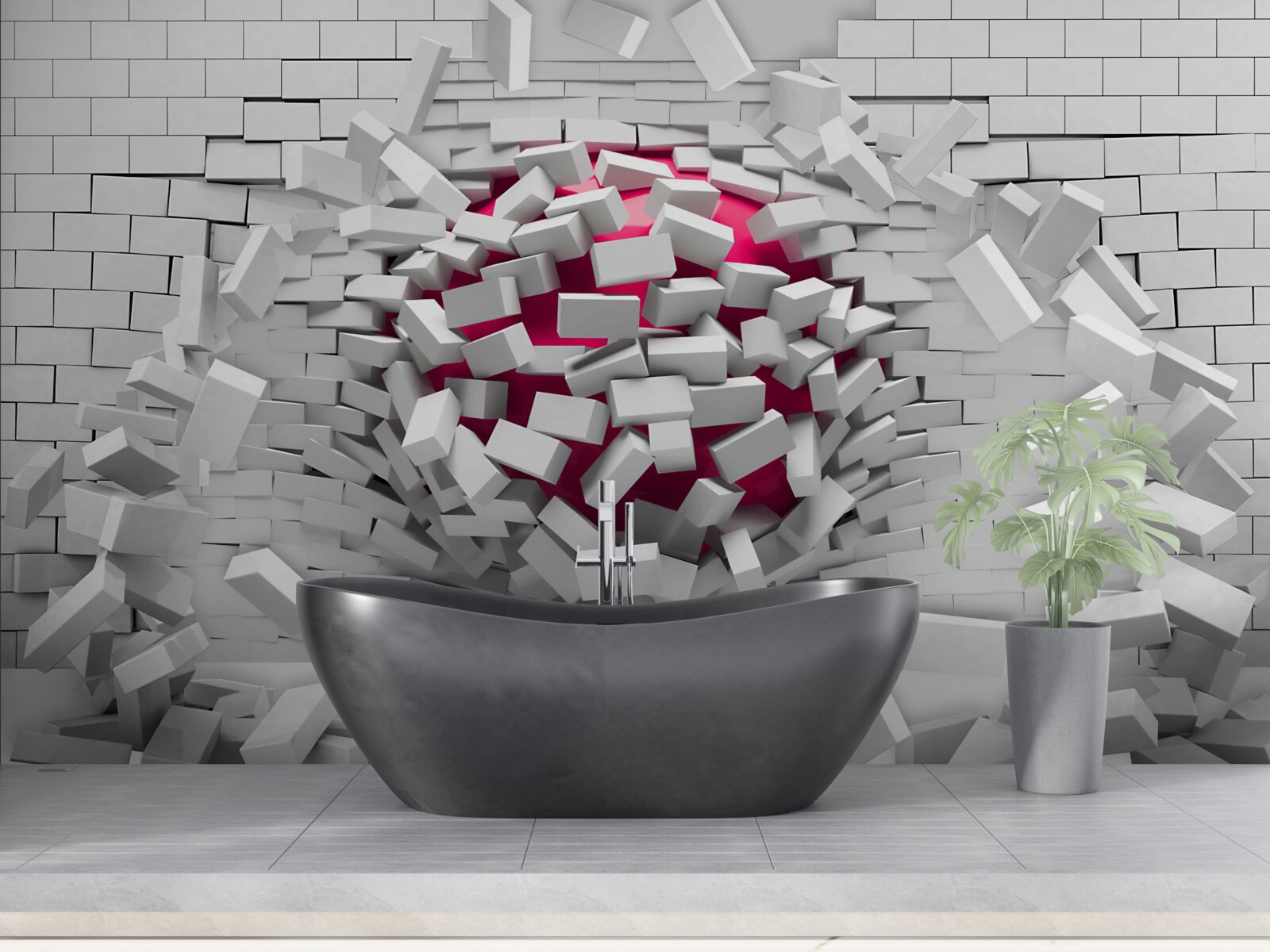 Fotobehang scarlet ball vernietigt bakstenen muur