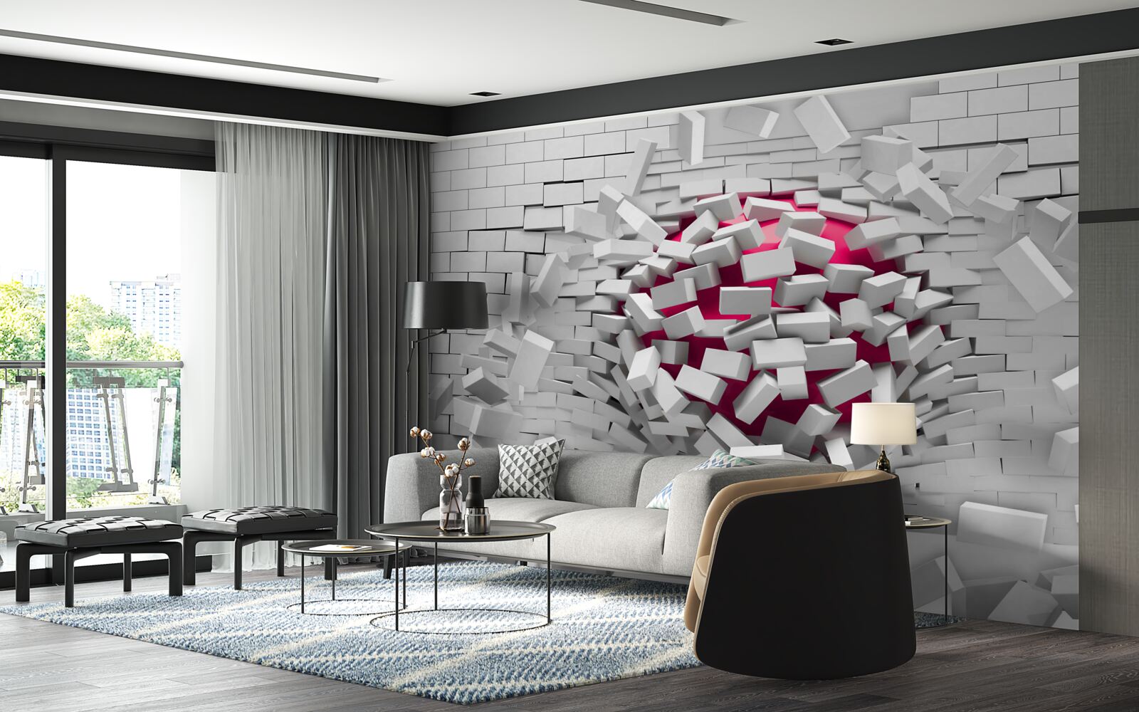 Fotobehang scarlet ball vernietigt bakstenen muur