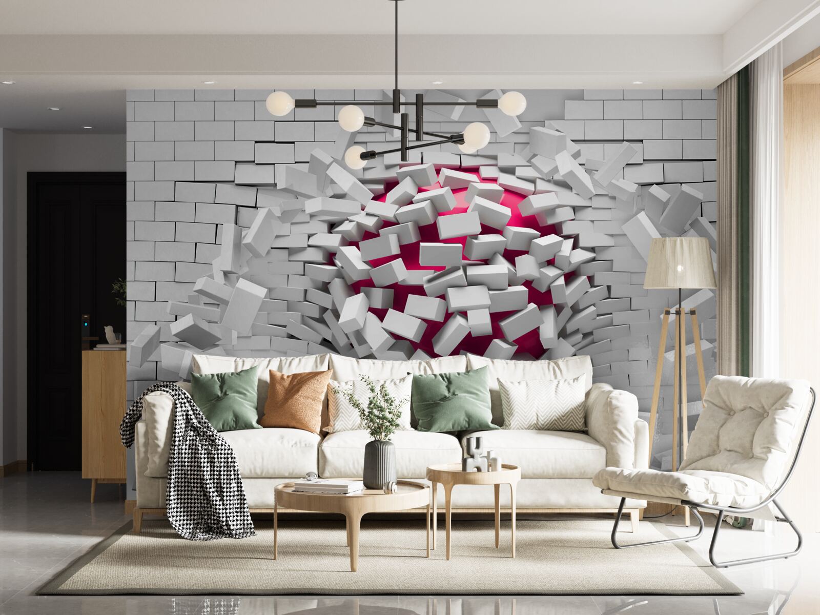 Fotobehang scarlet ball vernietigt bakstenen muur