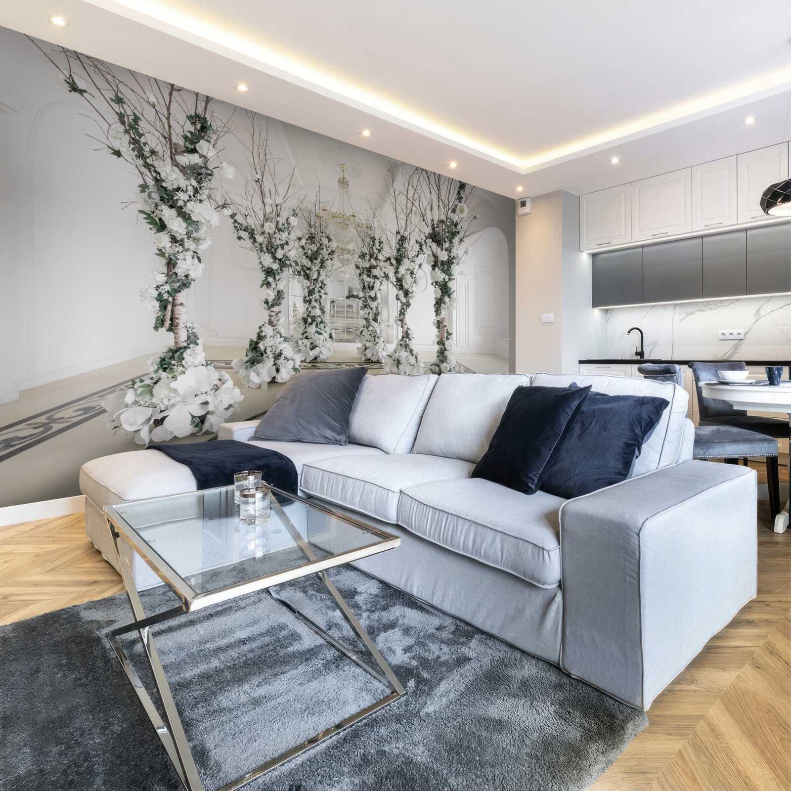 Fotobehang in een kamer met witte zuilen