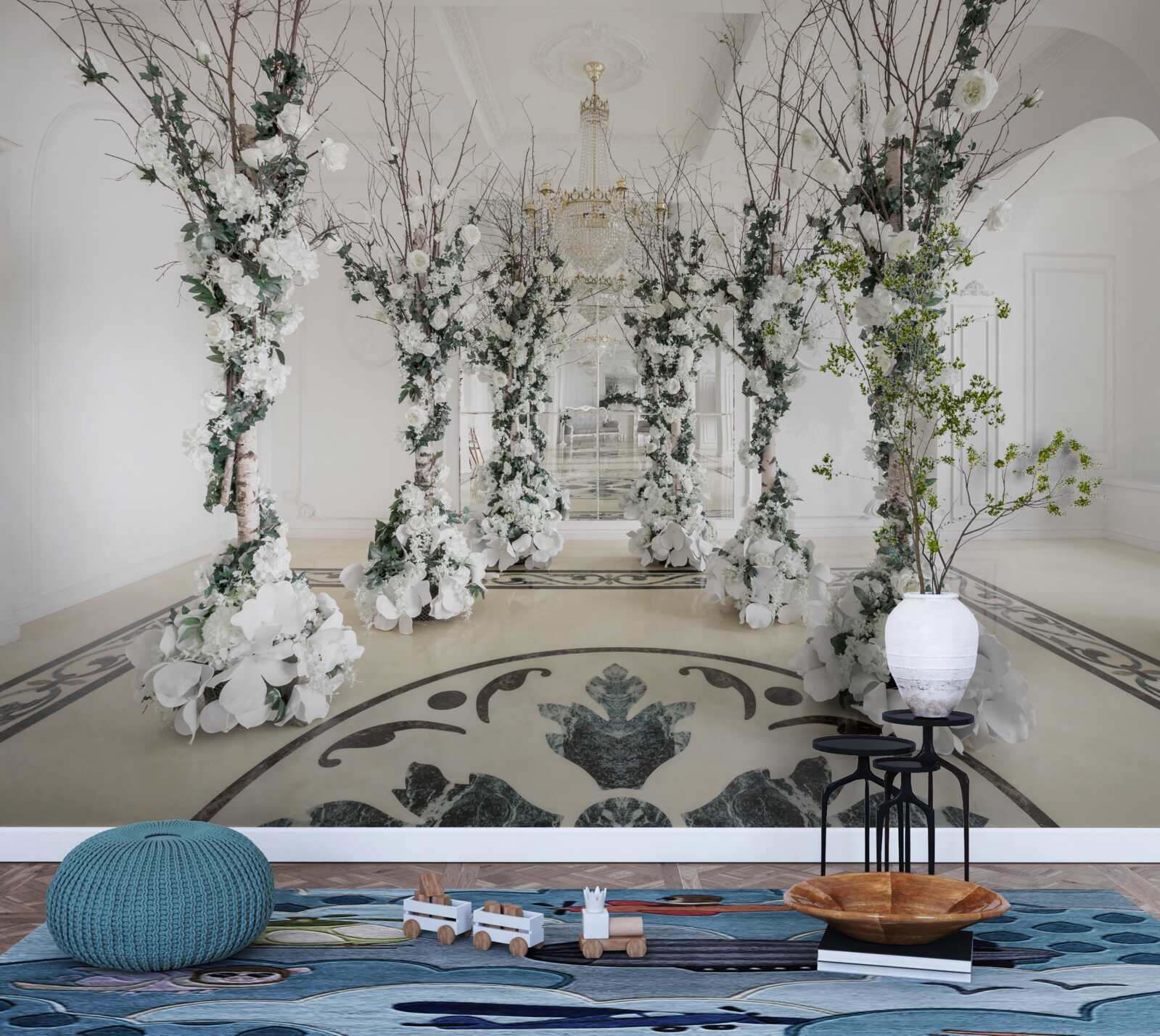 Fotobehang in een kamer met witte zuilen