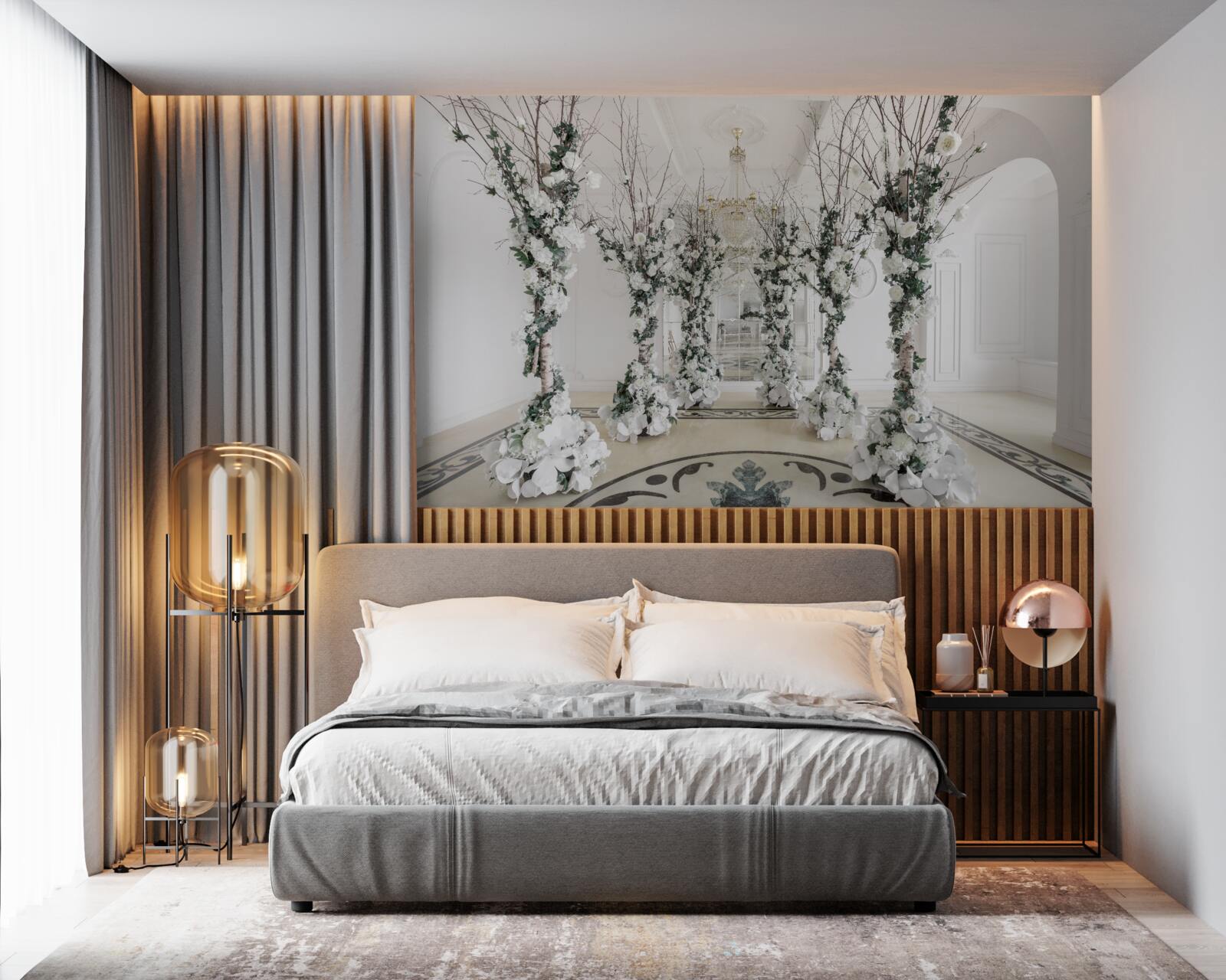 Fotobehang in een kamer met witte zuilen