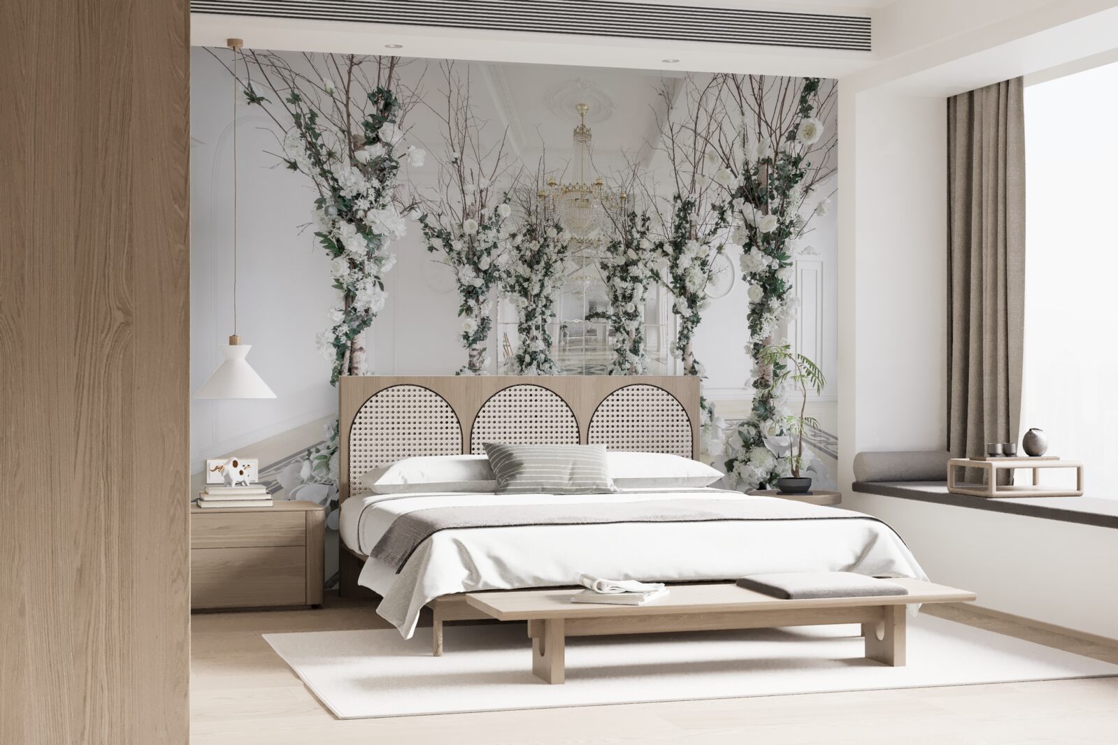 Fotobehang in een kamer met witte zuilen