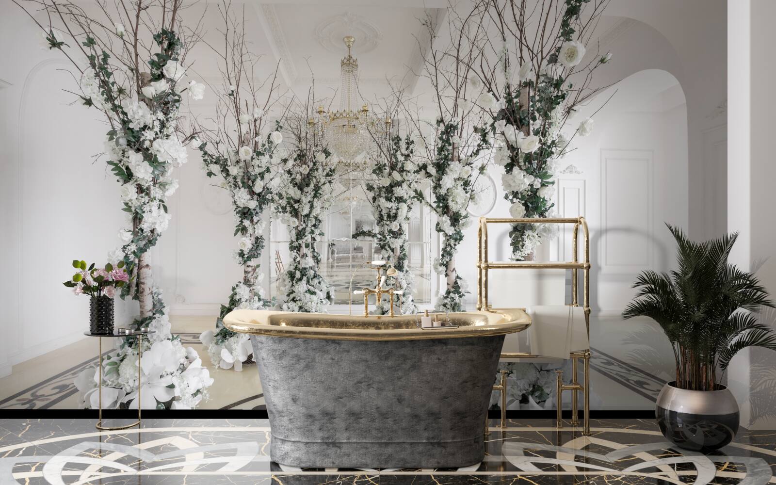 Fotobehang in een kamer met witte zuilen