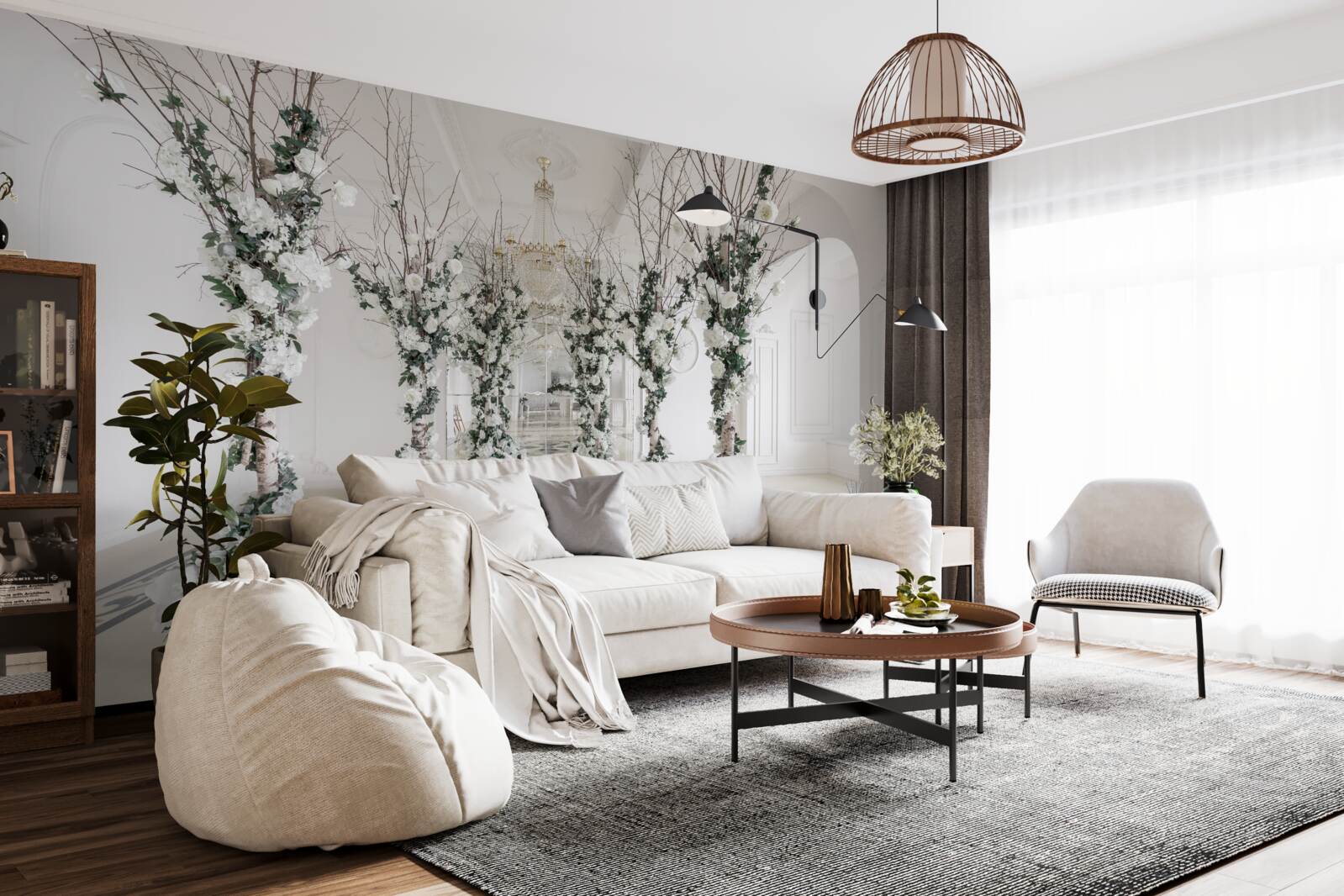 Fotobehang in een kamer met witte zuilen