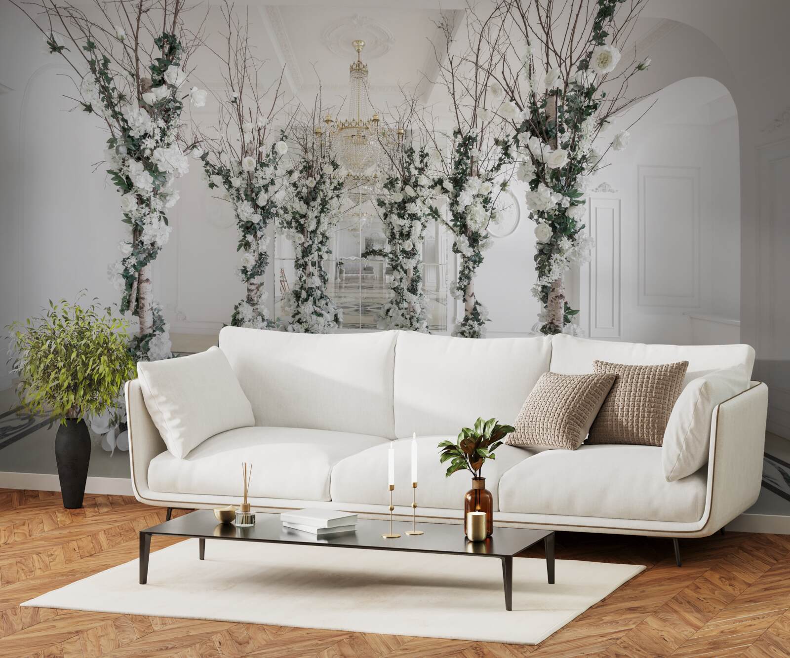 Fotobehang in een kamer met witte zuilen