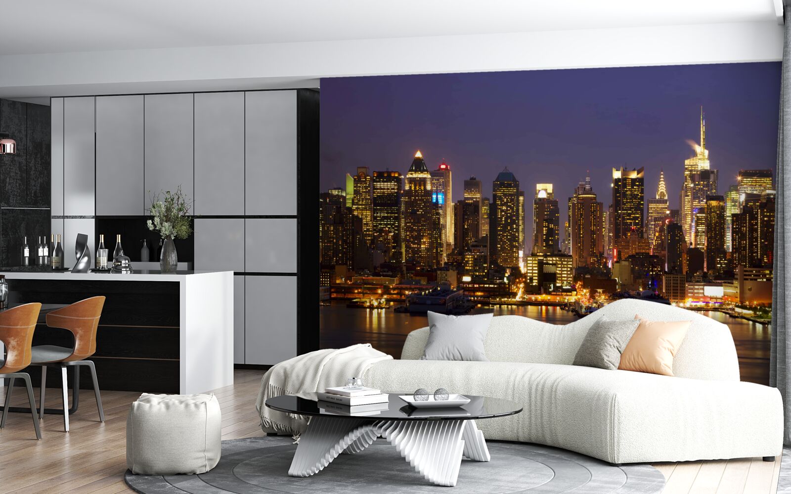 Fotobehang nachtelijke stad in het licht van wolkenkrabbers