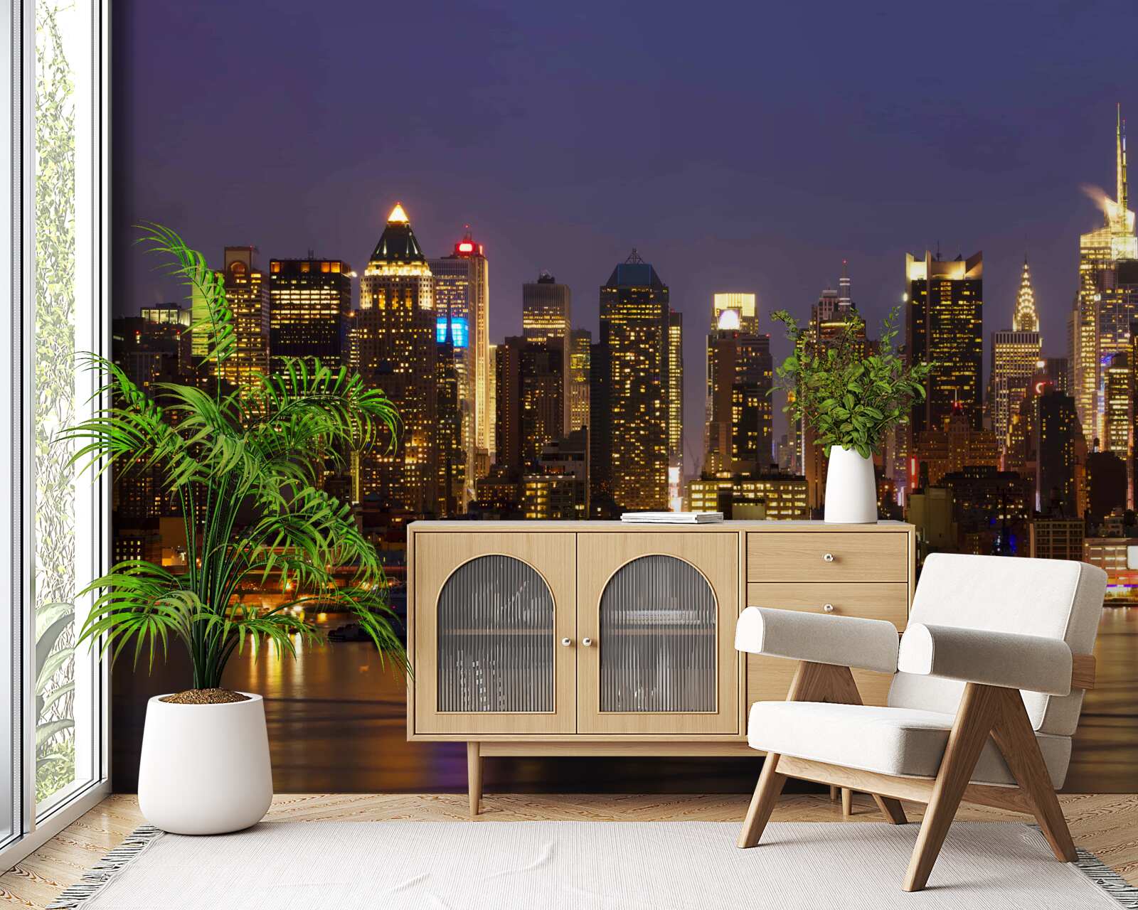 Fotobehang nachtelijke stad in het licht van wolkenkrabbers