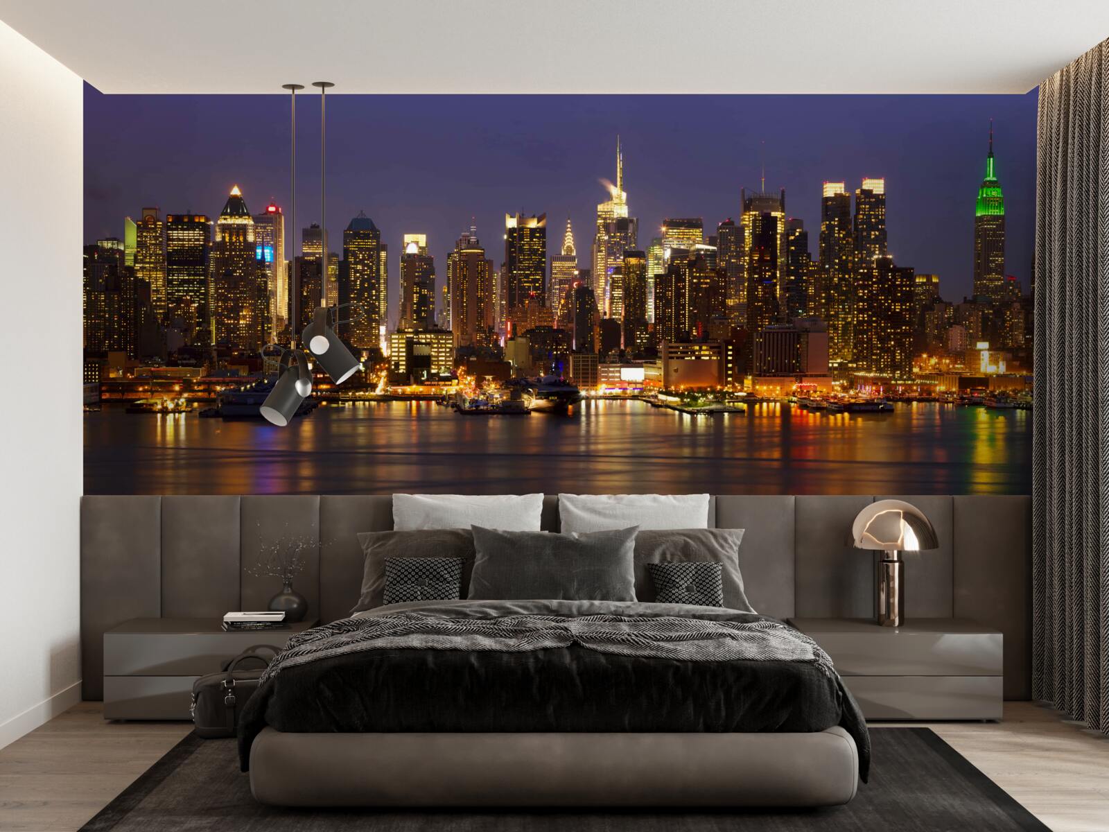 Fotobehang nachtelijke stad in het licht van wolkenkrabbers