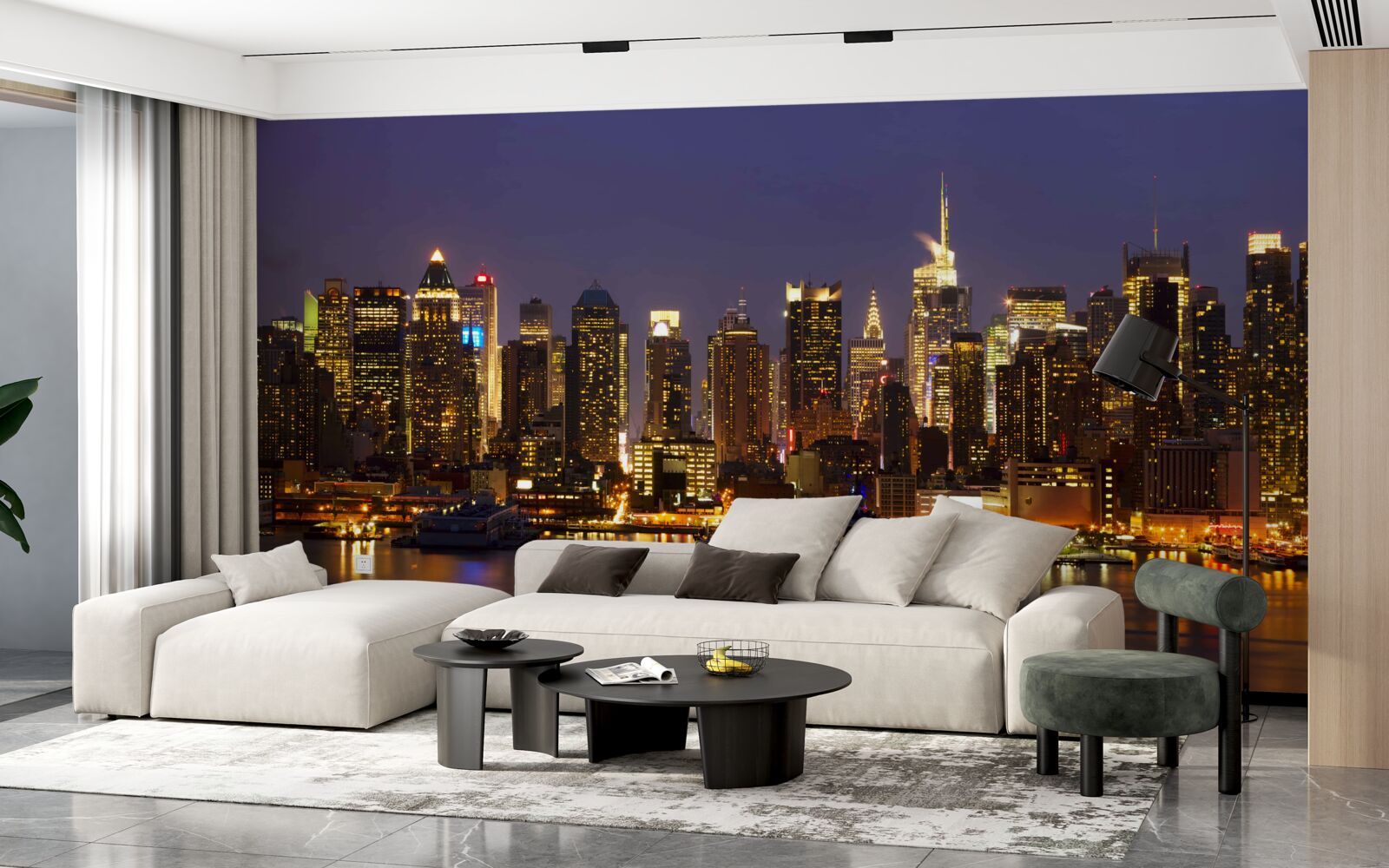 Fotobehang nachtelijke stad in het licht van wolkenkrabbers