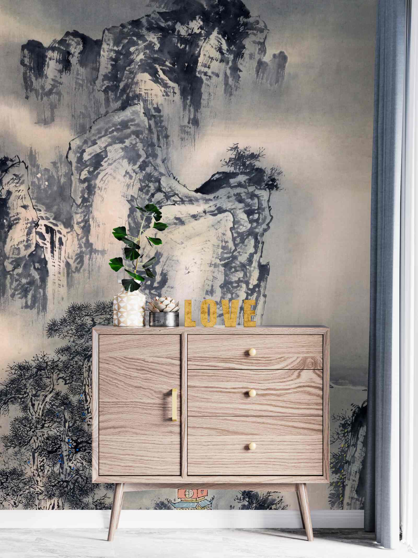 Fotobehang hoge bomen en bergen zijn abstracties