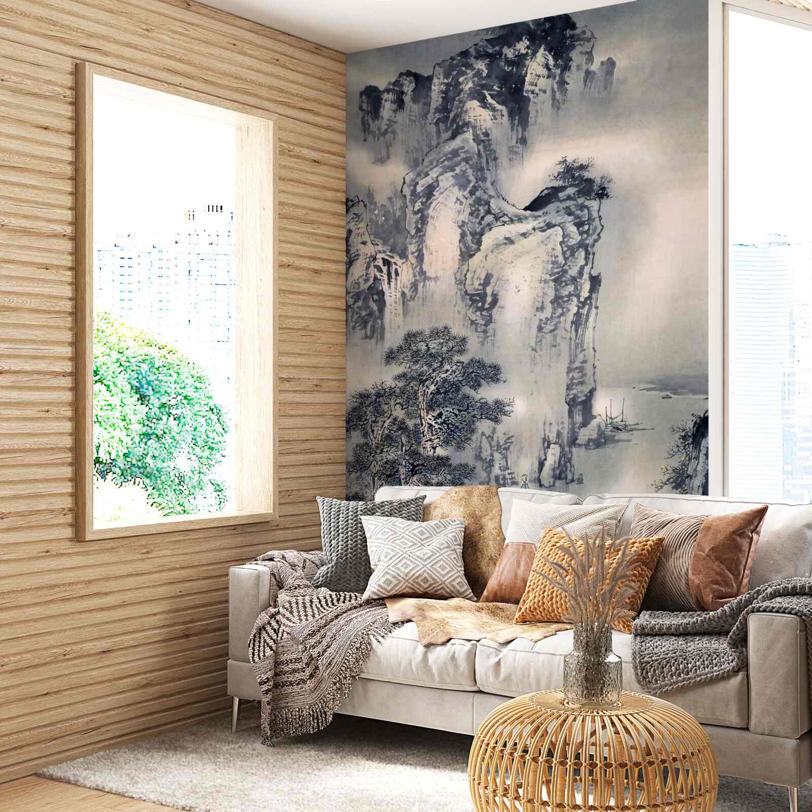 Fotobehang hoge bomen en bergen zijn abstracties