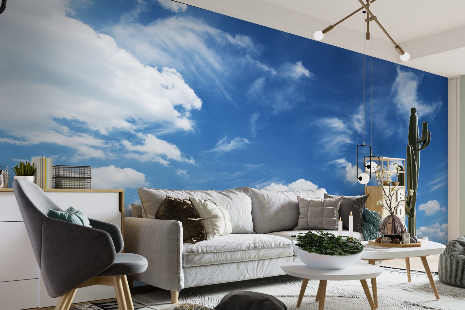 Fotobehang helderblauwe lucht met pluizige witte wolken