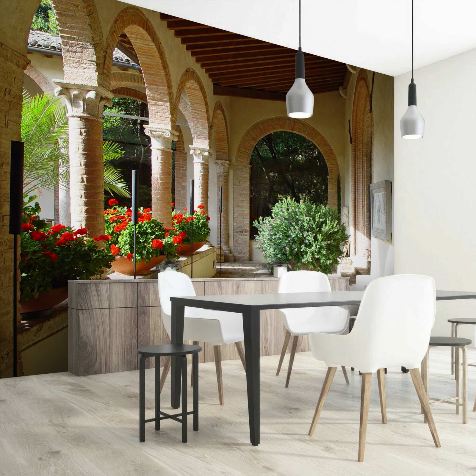 Fotobehang ronde stenen bogen en bloemen in potten