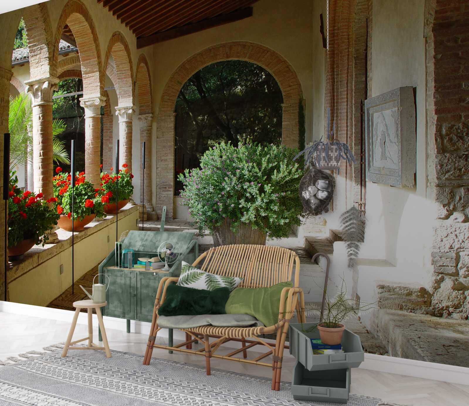 Fotobehang ronde stenen bogen en bloemen in potten