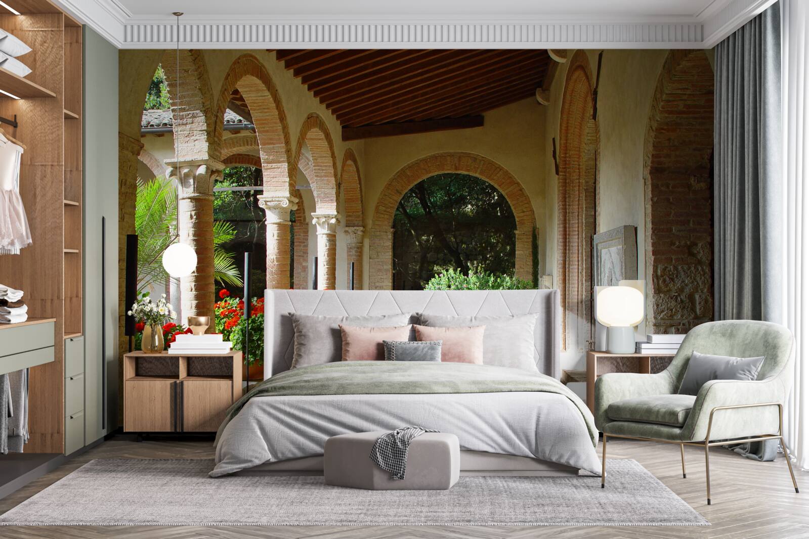 Fotobehang ronde stenen bogen en bloemen in potten