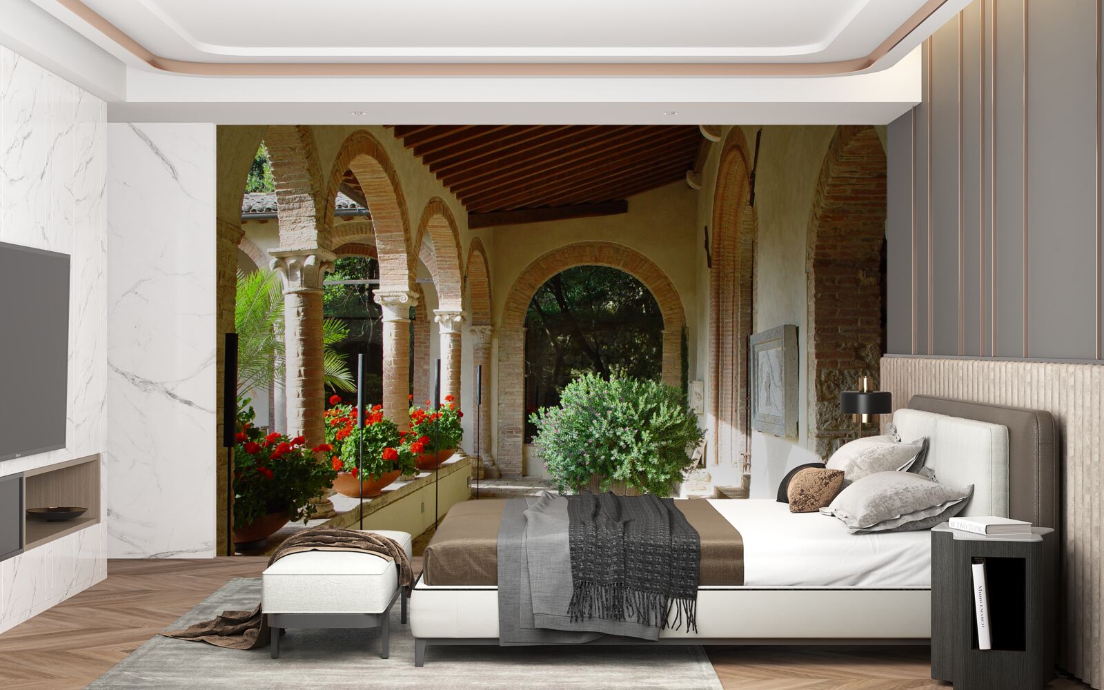 Fotobehang ronde stenen bogen en bloemen in potten