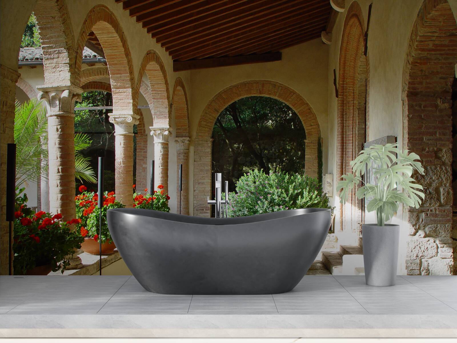 Fotobehang ronde stenen bogen en bloemen in potten