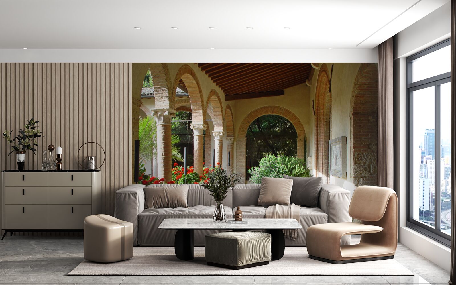 Fotobehang ronde stenen bogen en bloemen in potten