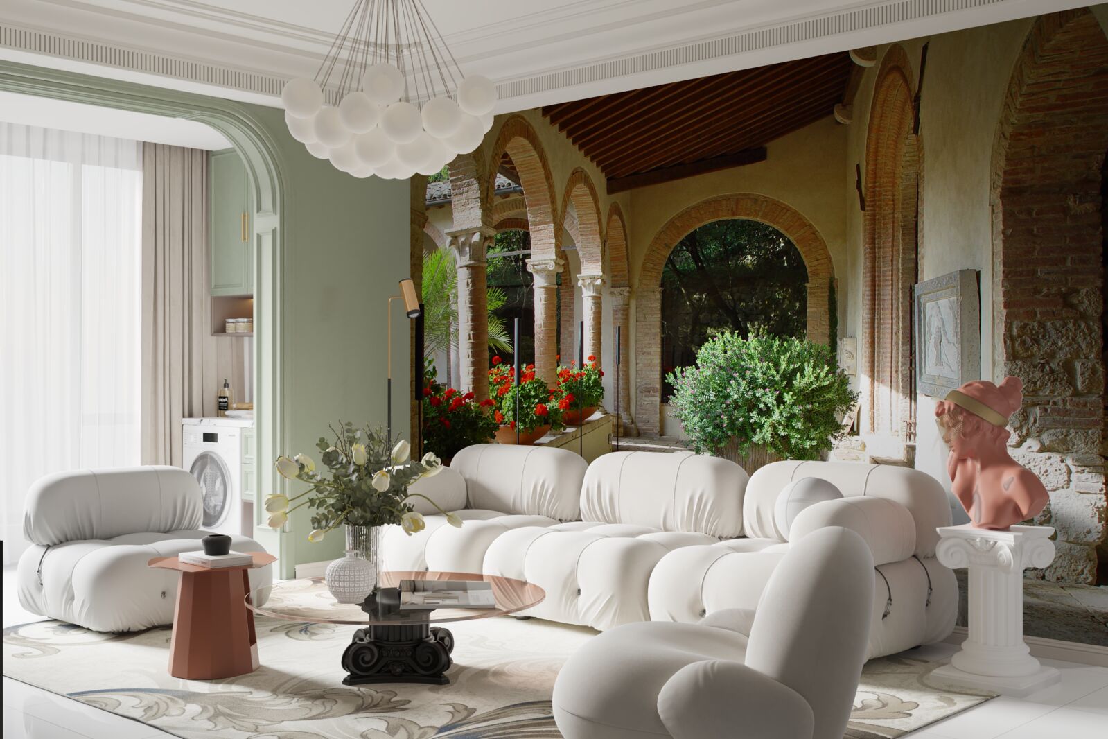 Fotobehang ronde stenen bogen en bloemen in potten