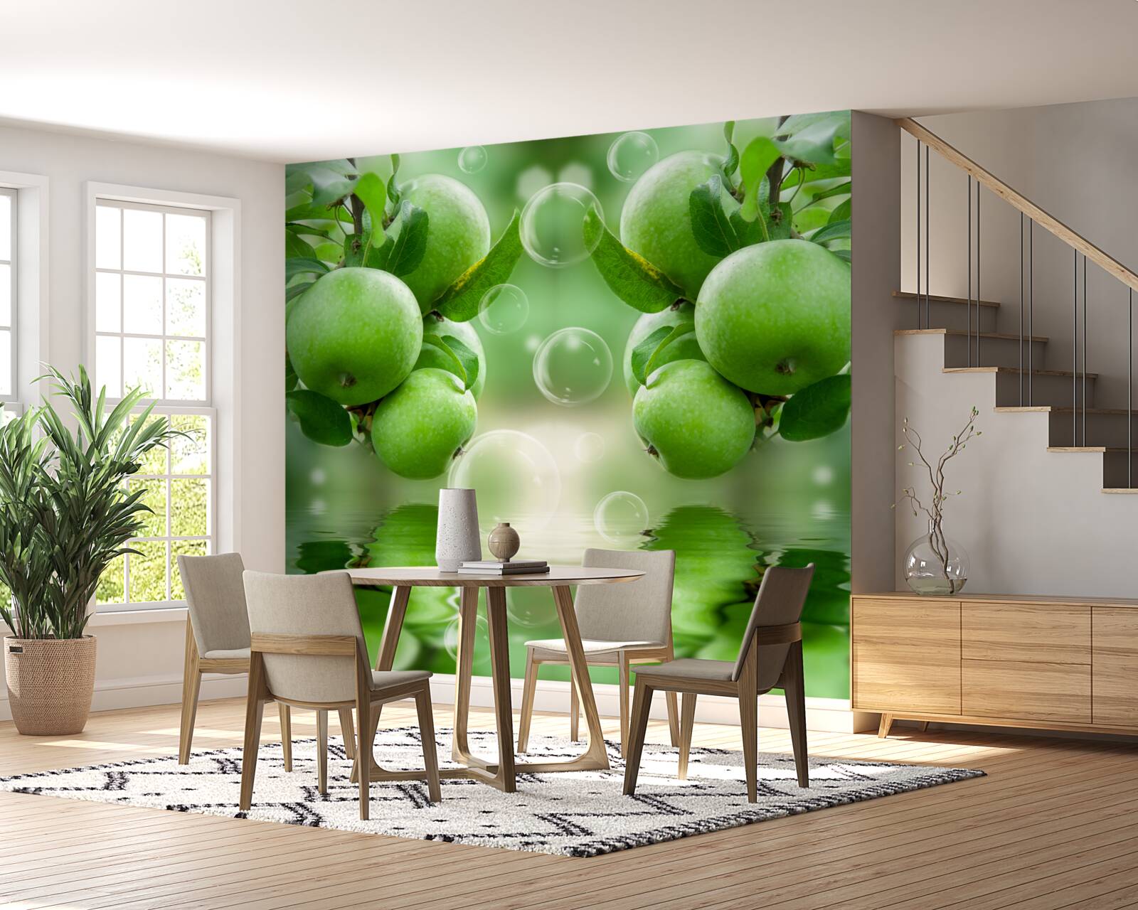 Fotobehang groene appels sappige weerspiegeling in water