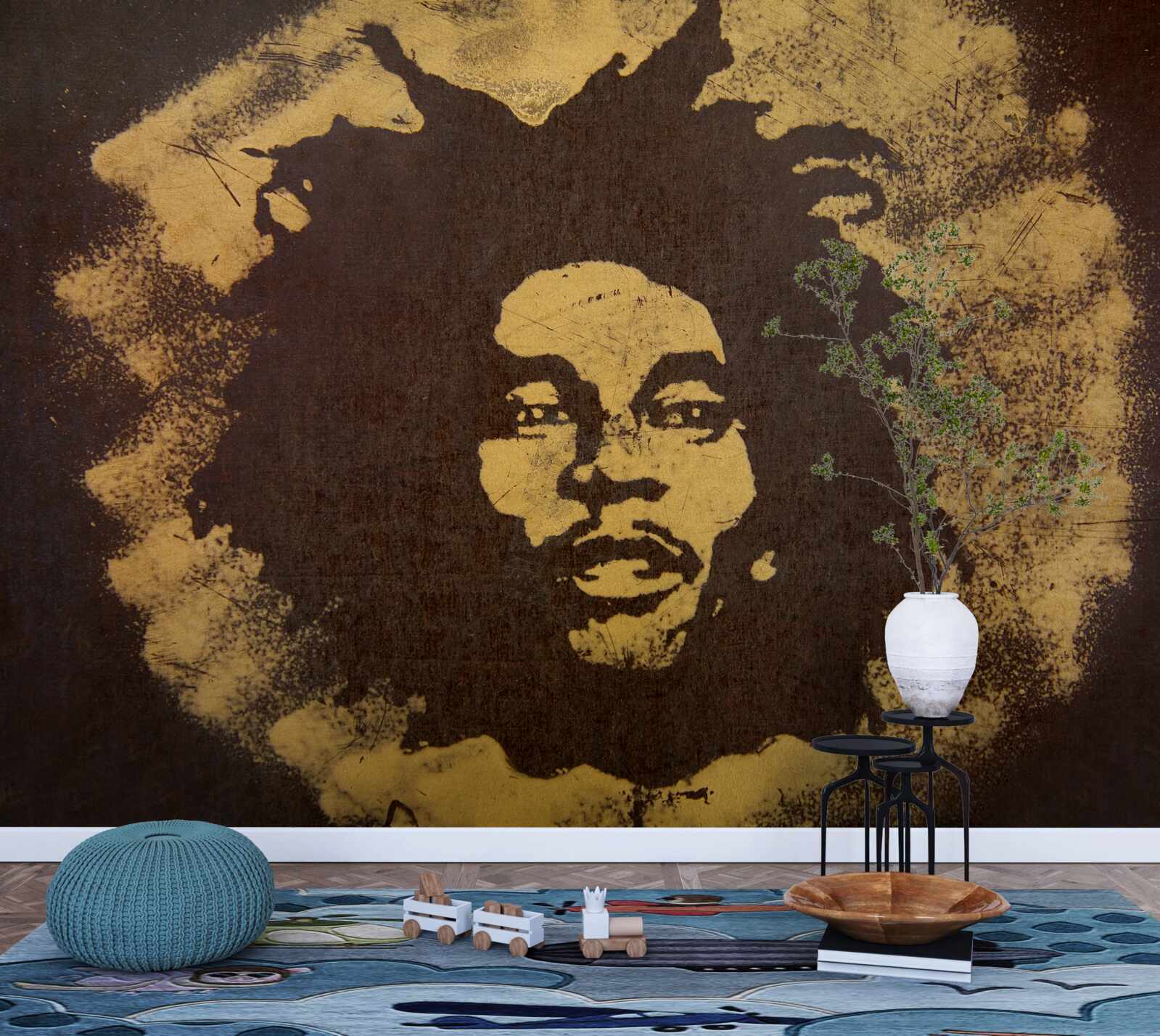 Fotobehang een man met Afrikaans kapsel zit op het zand