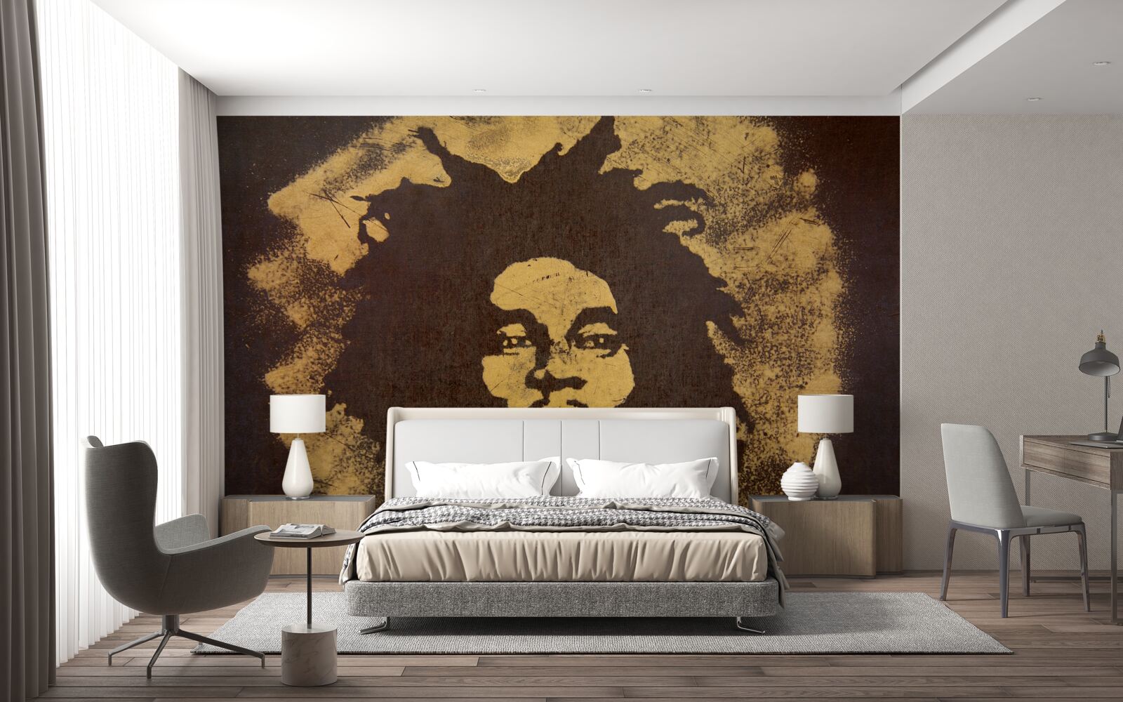 Fotobehang een man met Afrikaans kapsel zit op het zand