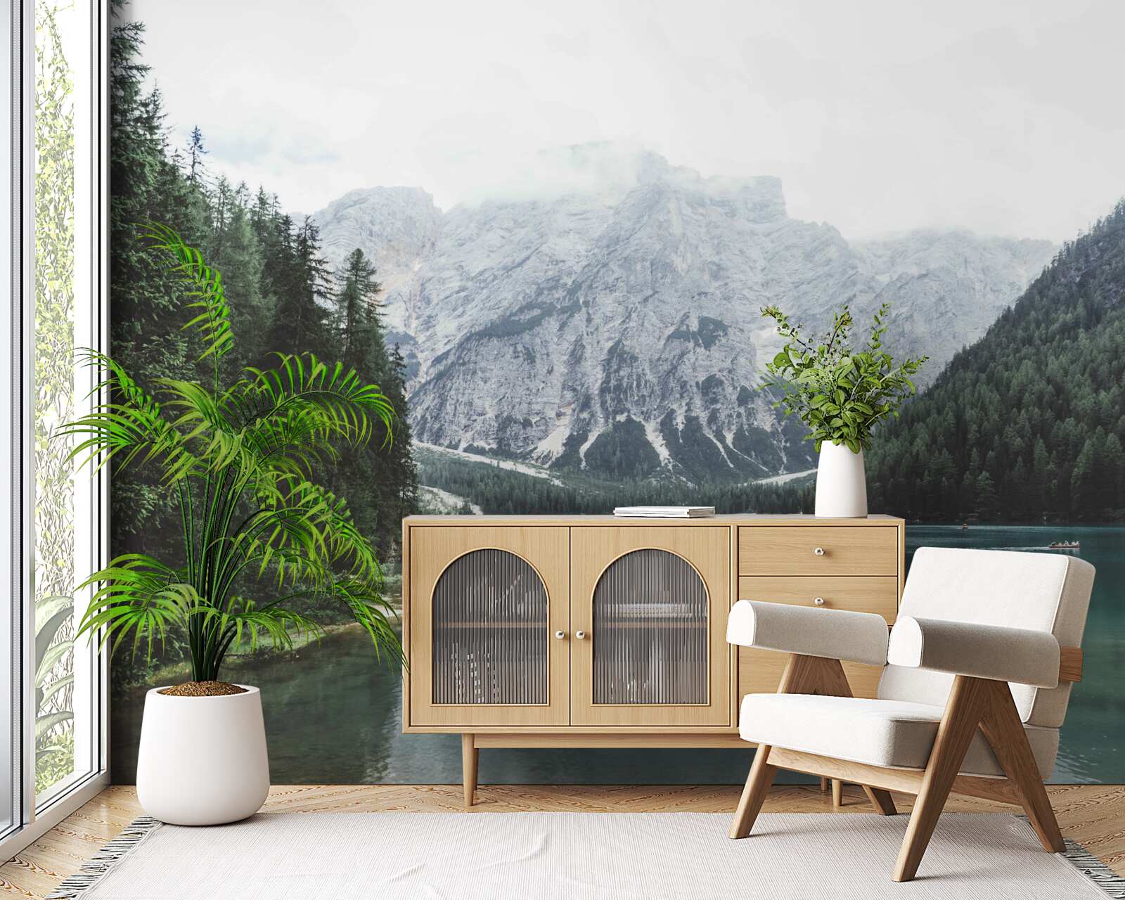 Fotobehang kalme rivier in de bergen tussen naaldbomen