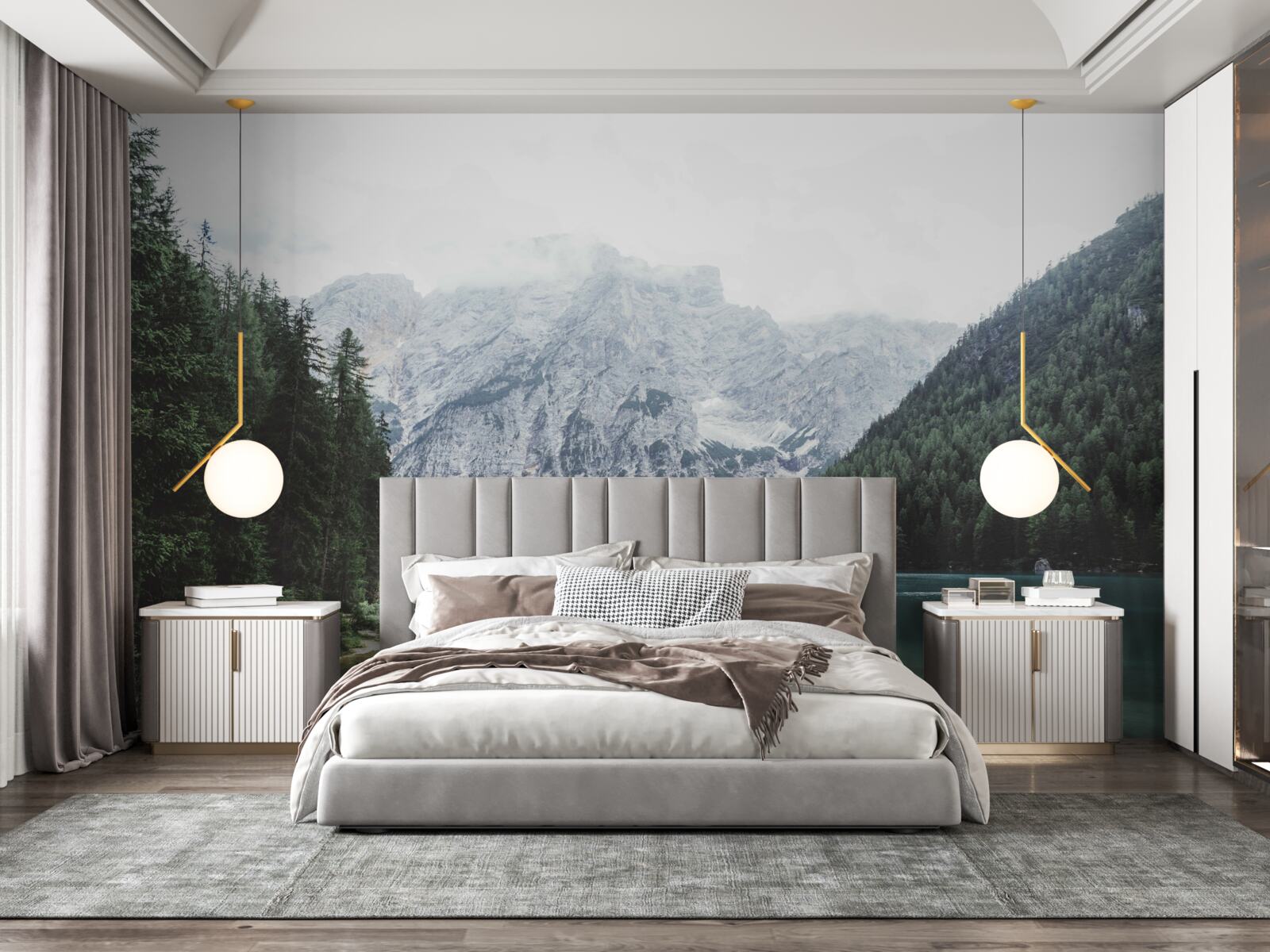 Fotobehang kalme rivier in de bergen tussen naaldbomen