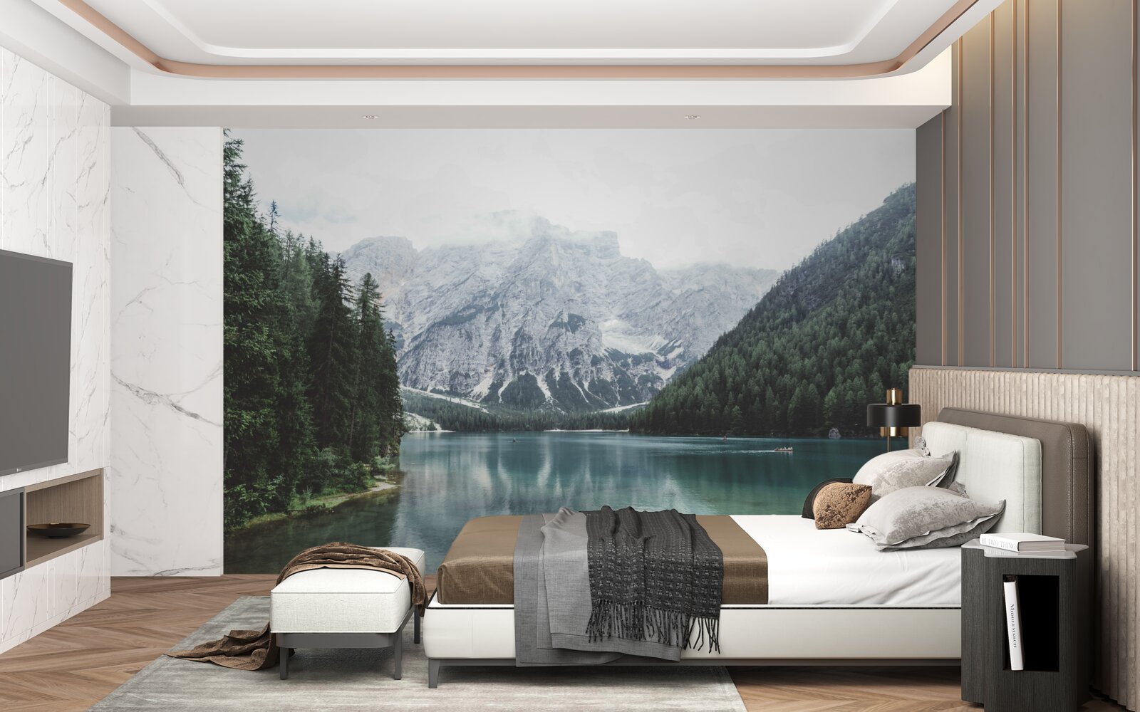 Fotobehang kalme rivier in de bergen tussen naaldbomen